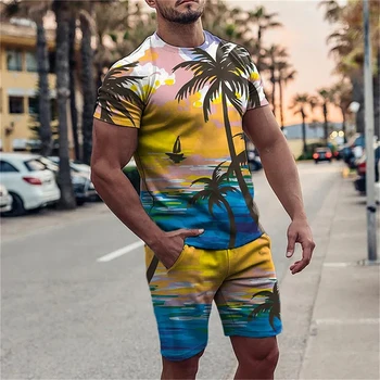 Jaunu Hawaii Vīriešu T-krekls Komplekti Kokosriekstu Koku 3D Drukas Tracksuit T Krekli Šorti 2 Gabali Streetwear Bērniem Lielgabarīta Kostīmi, Sporta 