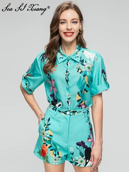 Seasixiang Modes Dizainere Vasaras Tērps Sievietēm Ar Īsām Piedurknēm Viena Krūšu Topi+Kabatas Bikses Ziedu Drukāt Vintage 2 Gab. Komplekts