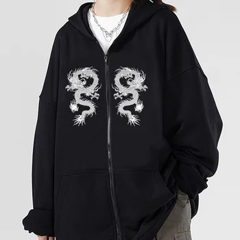 Y2K Vintage Ķīniešu Pūķis Lielgabarīta pelēkā vārna Sieviešu Mēteli Ziemas 2023 Zip Up Sieviešu Krekls Kawaii Jaka Harajuku Grunge Apģērbtu